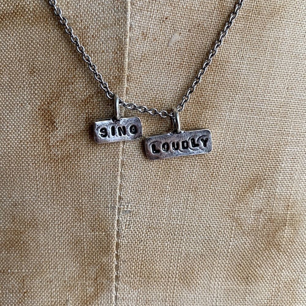 Hand stamped charm necklace. Silver.
